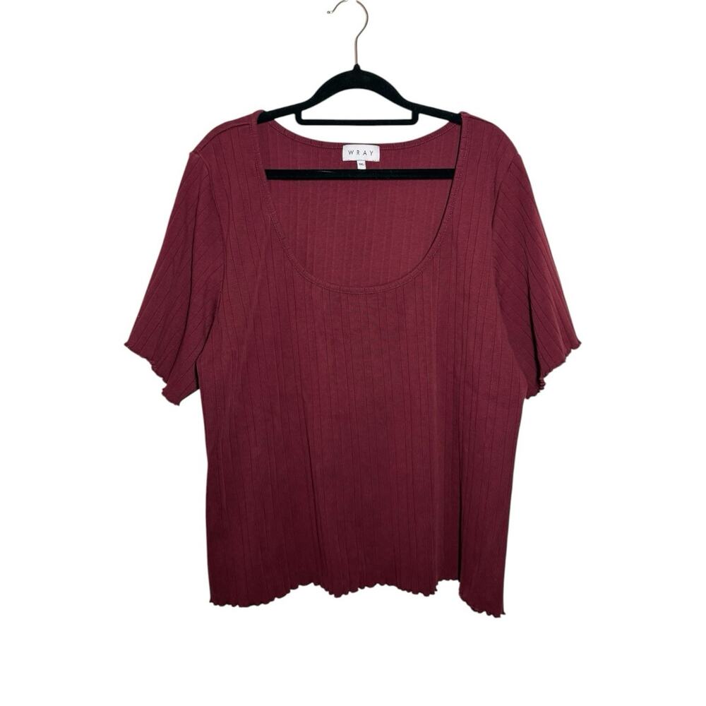 Wray NYC Burgundy Red Pima Cotton Scoop Neck Lettuce Hem Ribbed Top Plus 3XL